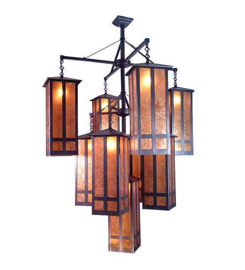 Meyda Lighting Church Street 47" 9-Light Craftsman Brown Chandelier With Amber Mica Shade Glass