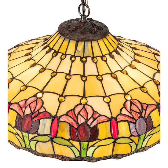 Meyda Lighting Colonial Tulip 21" 3-Light Mahogany Bronze Pendant Light With Stained Shade Glass