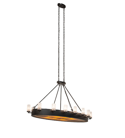 Meyda Lighting Craftsman Avalon 68" 20-Light Textured Black Island Chandelier With Frosted Seeded & Amber Mica Shade Glass