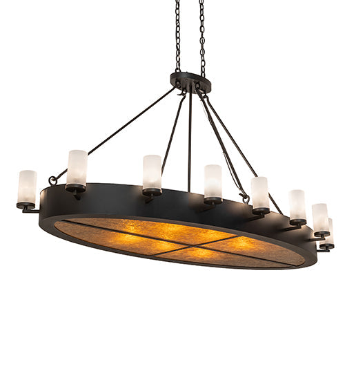Meyda Lighting Craftsman Avalon 68" 20-Light Textured Black Island Chandelier With Frosted Seeded & Amber Mica Shade Glass