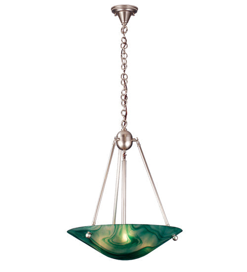 Meyda Lighting Deco Ball 22" 3-Light Brushed Nickel Mente Swirl Inverted Pendant Light With Green Shade Glass