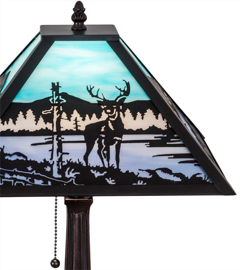 Meyda Lighting Deer at Lake 22" Craftsman Brown Table Lamp With Blue & Turquoise Shade Glass