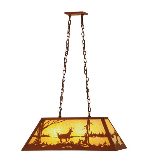 Meyda Lighting Deer at Lake 33" 6-Light Earth Island Pendant Light With Beige Art Shade Glass