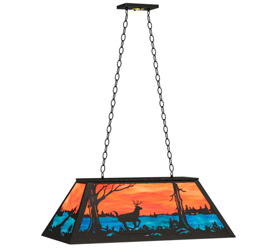 Meyda Lighting Deer at Lake 33" 6-Light Textured Black Island Pendant Light With Orange & Blue Green Art Shade Glass