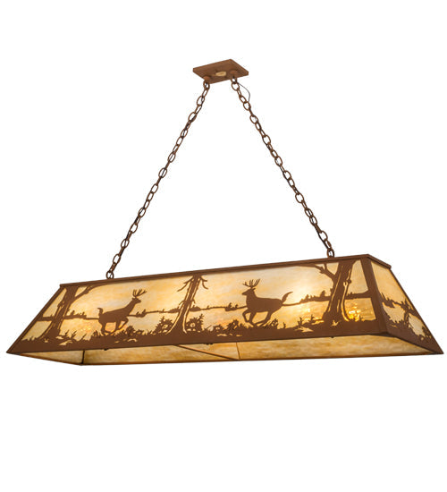 Meyda Lighting Deer at Lake 72" 11-Light Earth Island Pendant Light With Beige Art Shade Glass