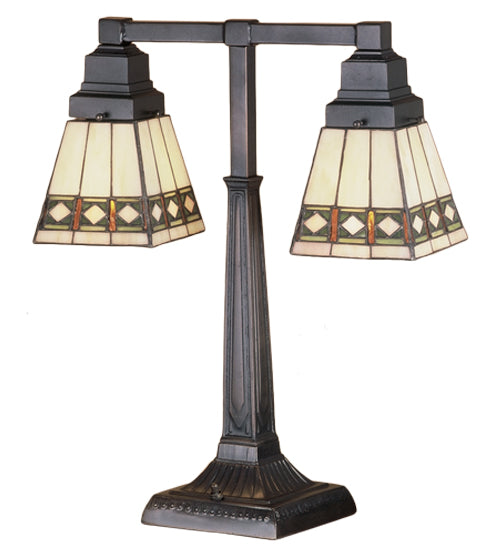 Meyda Lighting Diamond Band Mission 20" 2-Light 2-Arm Mahogany Bronze Desk Table Lamp With Multi-Colored Shade Glass