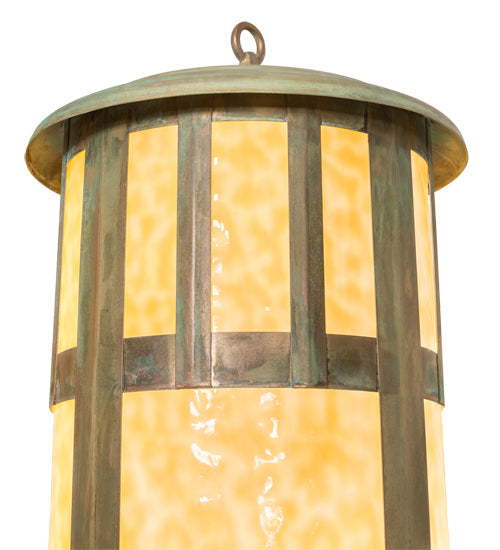 Meyda Lighting Double Bar Mission 15" 6-Light Verdigris Outdoor Pier Mount Light With Beige Art Shade Glass