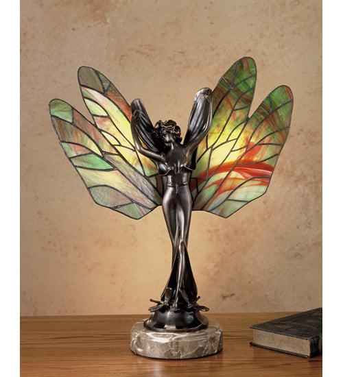 Meyda Lighting Dragonfly Lady 22" 2-Light Mahogany Bronze Accent Table Lamp With Amber & Green Stained Shade Glass
