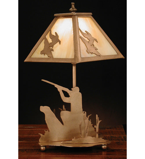 Meyda Lighting Duck Hunter 16" Antique Copper Dog Accent Table Lamp With Beige Art Shade Glass