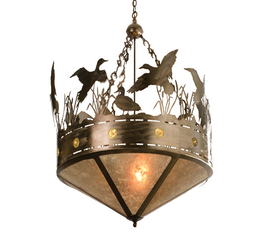 Meyda Lighting Ducks in Flight 16" 2-Light Antique Copper Inverted Pendant Light With Silver Mica Shade Glass