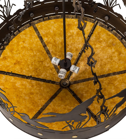 Meyda Lighting Ducks in Flight 30" 4-Light Antique Copper Inverted Pendant Light With Amber Mica Shade Glass