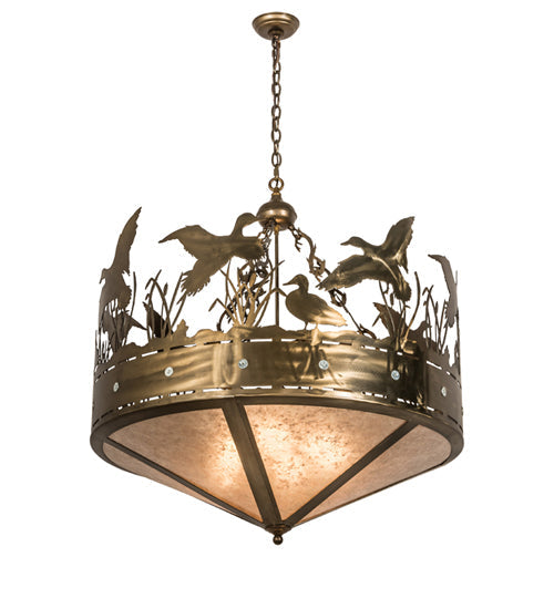 Meyda Lighting Ducks in Flight 48" 7-Light Antique Copper Inverted Pendant Light With Silver Mica Shade Glass