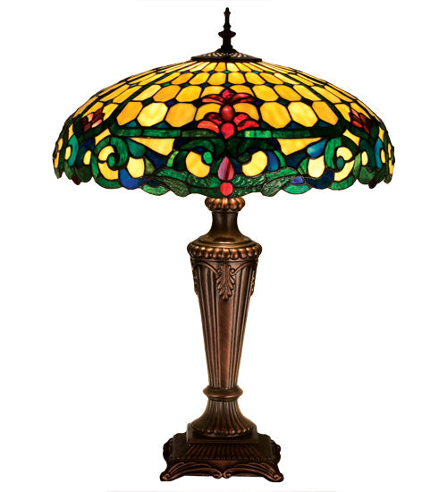 Meyda Lighting Duffner & Kimberly Colonial 25" 3-Light Mahogany Bronze Table Lamp With Multi-Colored Shade Glass