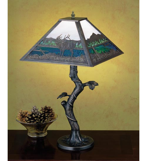 Meyda Lighting Elk Creek 25" Mahogany Bronze Mission Apple Tree Table Lamp With Multi-Colored Shade Glass