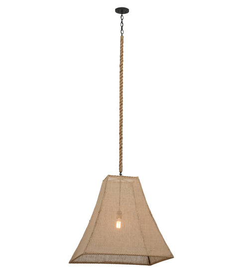 Meyda Lighting Empire 34" Solar Black Square Bell Pendant Light With Beige Burlap Textrene Shade