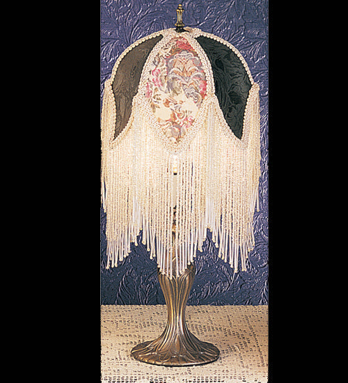 Meyda Lighting Fabric & Fringe 7" Mahogany Bronze Accent Table Lamp With Multi-Colored Roses Shade