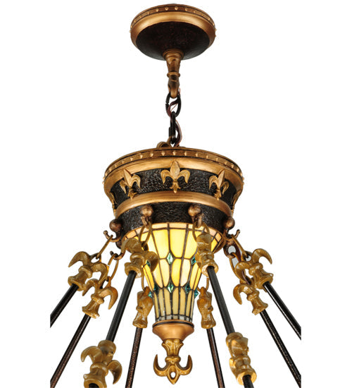 Meyda Lighting Fleur-De-Lis 28" 6-Light Inverted Pendant Light With Multi-Colored Stained Shade Glass