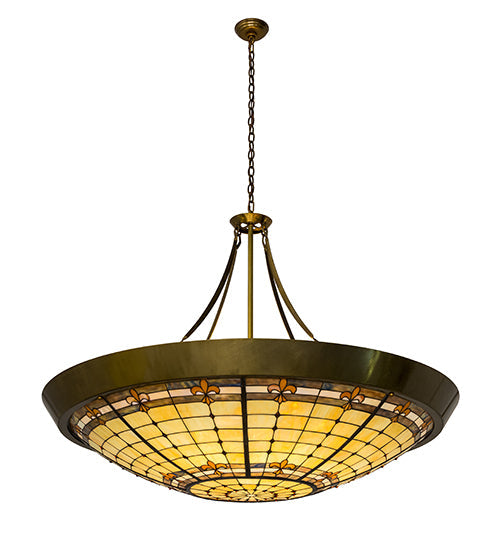Meyda Lighting Fleur-de-Lite 54" 10-Light Transparent Brass Inverted Pendant Light With Multi-Colored Shade Glass