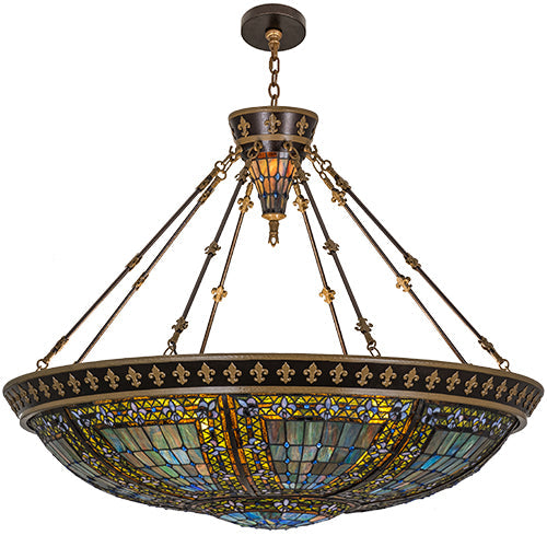 Meyda Lighting Fleur-de-lis 19807 45" 10-Light Copper Vein & Gold Inverted Pendant Light With Multi-Colored Shade Glass