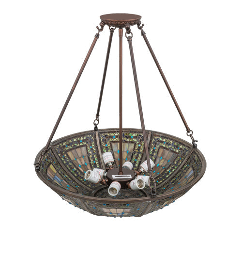 Meyda Lighting Fleur-de-lis 24" 8-Light Mahogany Bronze Inverted Pendant Light With Multi-Colored Shade Glass