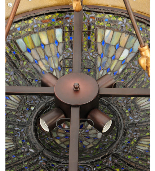 Meyda Lighting Fleur-de-lis 28" 6-Light Copper Vein & Gold Inverted Pendant Light With Multi-Colored Shade Glass