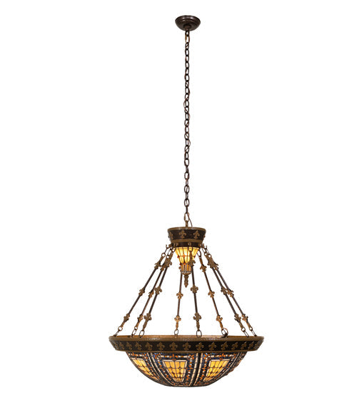 Meyda Lighting Fleur-de-lis 28" 6-Light Copper Vein & Gold Inverted Pendant Light With Multi-Colored Stained Shade Glass