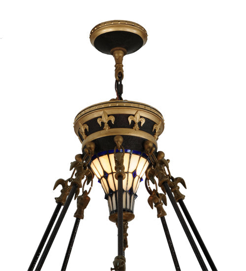 Meyda Lighting Fleur-de-lis 44" 16-Light 2-Tier Mahogany Bronze & Antique Gold Accent Inverted Pendant Light With Multi-Colored Shade Glass