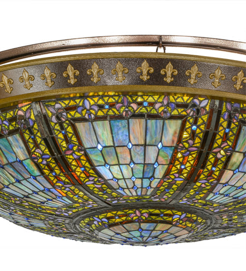 Meyda Lighting Fleur-de-lis 45" 8-Light Copper Vein & Gold Flush Mount Light With Multi-Colored Shade Glass