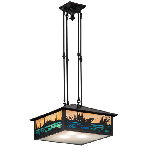 Meyda Lighting Fly Fishing Creek 17"Sq 3-Light Black Patina Pendant Light With Multi-Colored Shade Glass