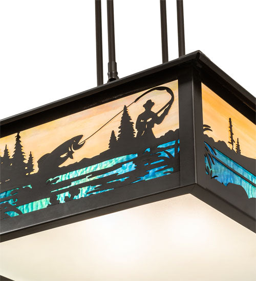 Meyda Lighting Fly Fishing Creek 18" 3-Light Craftsman Brown Pendant Light With Multi-Colored Shade Glass