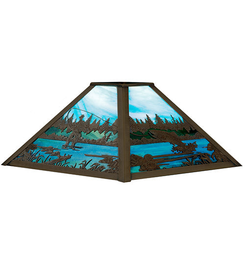 Meyda Lighting Fly Fishing Creek 19" Craftsman Brown Frame With Blue & Green Art Shade Glass