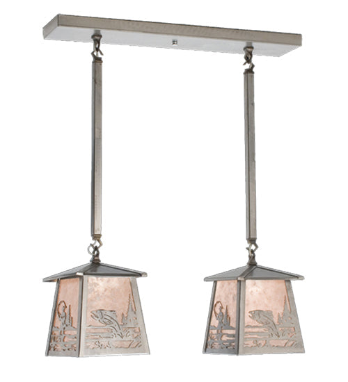 Meyda Lighting Fly Fishing Creek 24" 2-Light Silver Steel Bass Island Pendant Light With Silver Mica Shade Glass
