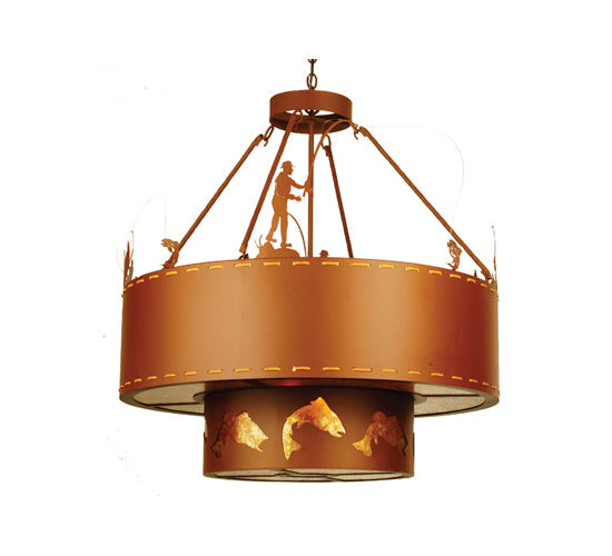 Meyda Lighting Fly Fishing Creek 36" 8-Light Rust Inverted Pendant Light With Amber Mica Shade Glass
