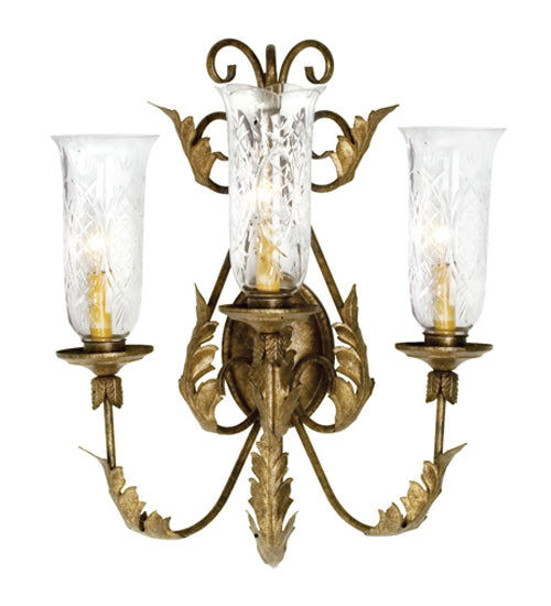 Meyda Lighting French Elegance 21" 3-Light Cortez Gold Wall Sconce With Clear Etched Hurricane Shade Glass