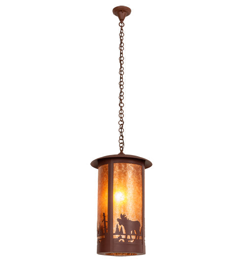 Meyda Lighting Fulton 16" Red Rust Pendant Light With Amber Mica Shade Glass