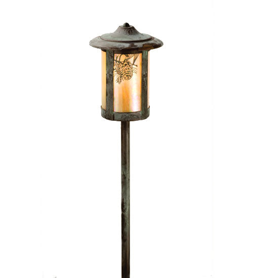 Meyda Lighting Fulton 21" Verdigris Winter Pine Post Outdoor Landscape Fixture With Beige Iridescent Shade Glass