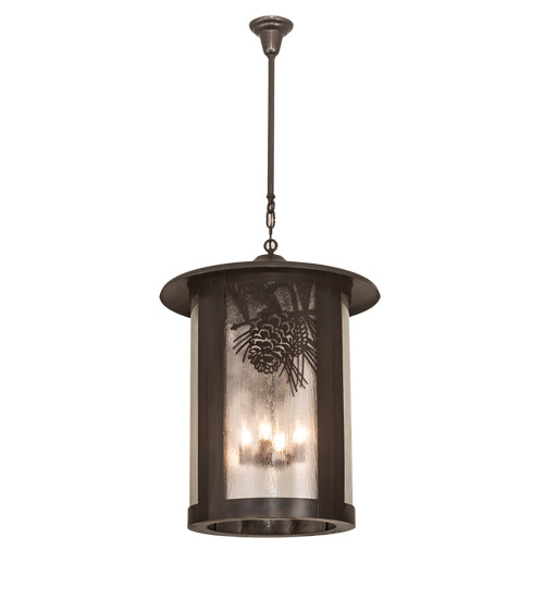 Meyda Lighting Fulton 24" 4-Light Craftsman Brown Winter Pine Pendant Light With Clear Seeded Shade Glass