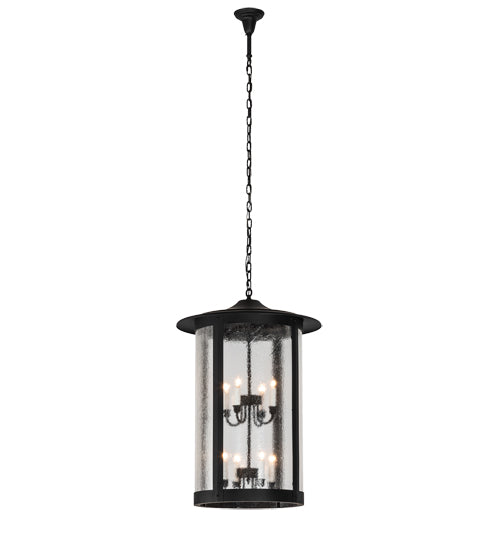 Meyda Lighting Fulton 24" 8-Light Textured Black Hanging Lantern Pendant Light With Clear Seeded Shade Glass