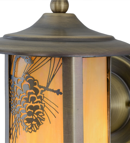 Meyda Lighting Fulton 7" Antique Brass Winter Pine Solid Mount Wall Sconce With Beige Iridescent Shade Glass