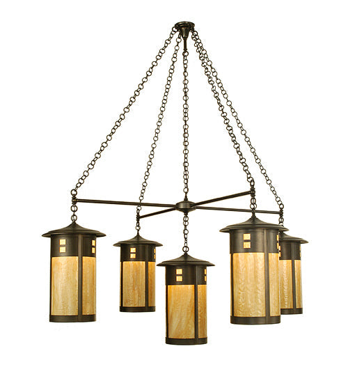 Meyda Lighting Fulton 72" 5-Light Craftsman Brown Englewood Hanging Lantern Chandelier With Beige Art Shade Glass