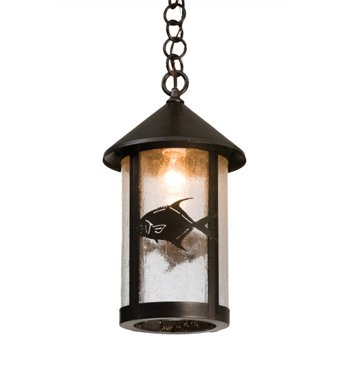 Meyda Lighting Fulton 8" Craftsman Brown Permit Fish Mini Pendant Light With Clear Seeded Shade Glass
