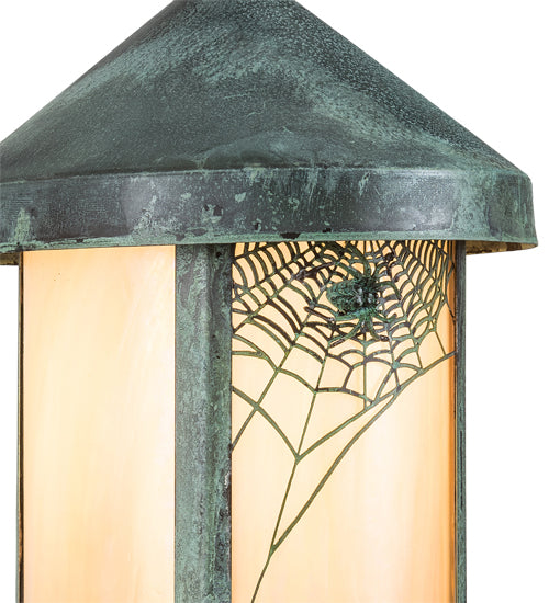 Meyda Lighting Fulton 9" Verdigris Spider Web Mini Pendant Light With Beige Iridescent Shade Glass