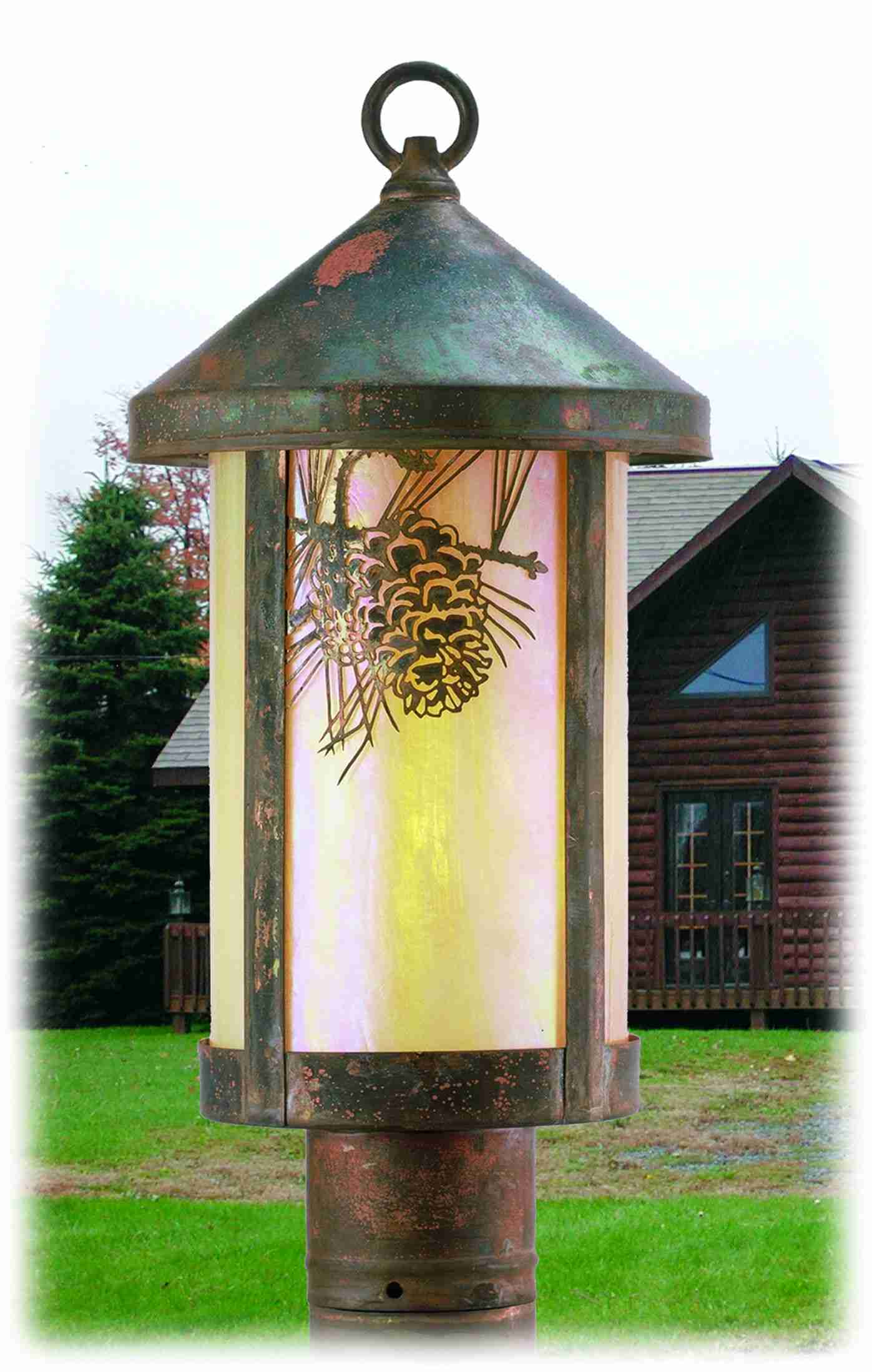 Meyda Lighting Fulton 9" Vintage Copper Winter Pine Outdoor Post Mount Light With Beige Iridescent Shade Glass