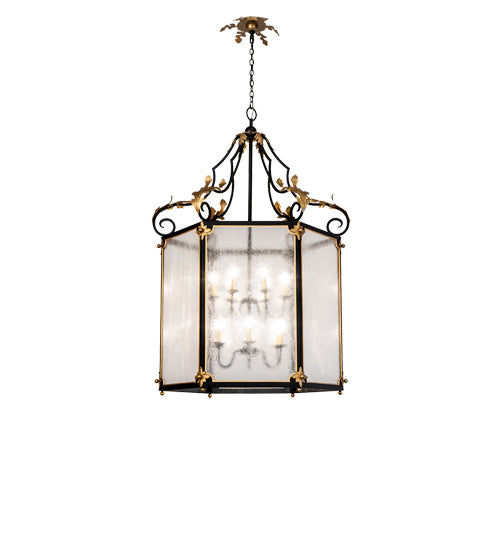 Meyda Lighting Ganser 48" 12-Light Solar Black & Gold Lantern Pendant Light With Clear Seeded Shade Glass