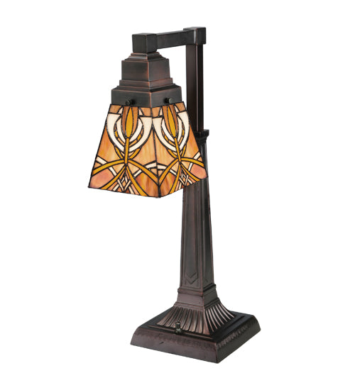 Meyda Lighting Glasgow Bungalow 20" Mahogany Bronze Desk Table Lamp With Multi-Colored Shade Glass