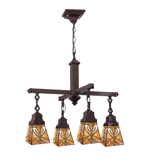Meyda Lighting Glasgow Bungalow 26" 4-Light Mahogany Bronze Chandelier With Multi-Colored Shade Glass