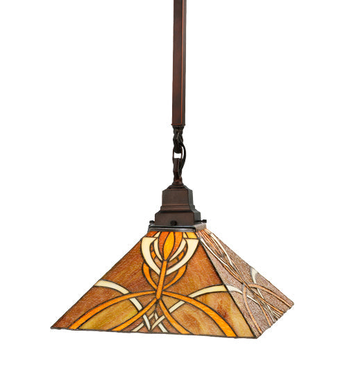 Meyda Lighting Glasgow Bungalow 49146 13"Sq Mahogany Bronze Pendant Light With Brown & Beige Shade Glass