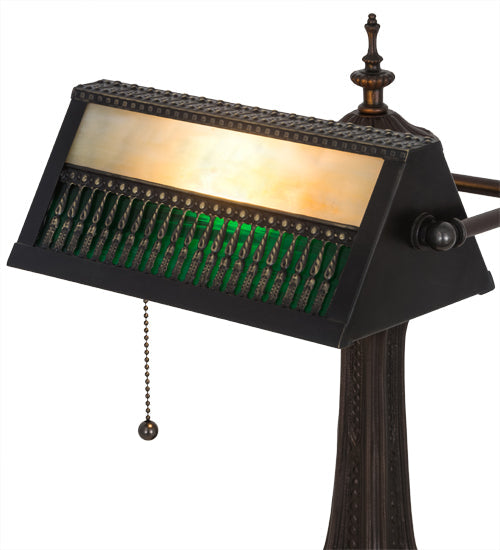 Meyda Lighting Gothic 16" Mahogany Bronze Mission Banker's Table Lamp With Beige & Green Art Shade Glass