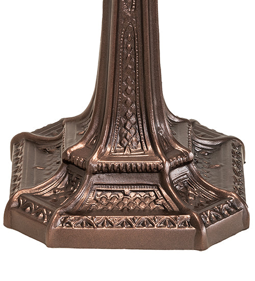 Meyda Lighting Gothic 16" Mahogany Bronze Mission Banker's Table Lamp With Beige & Red Art Shade Glass