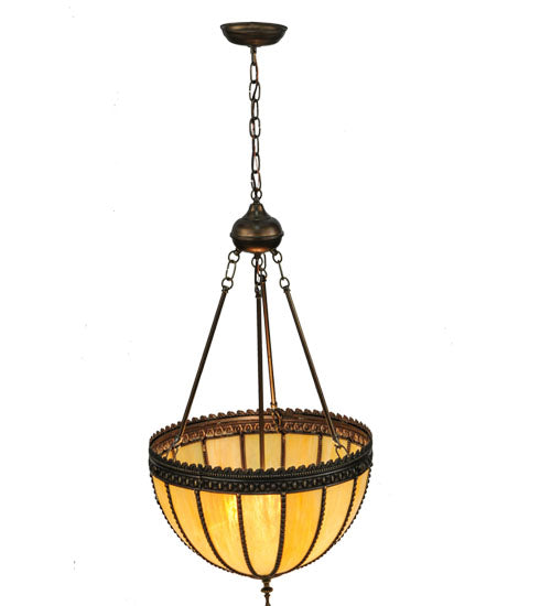 Meyda Lighting Gothic 18" 3-Light Craftsman Brown Inverted Pendant Light With Beige Iridescent Shade Glass